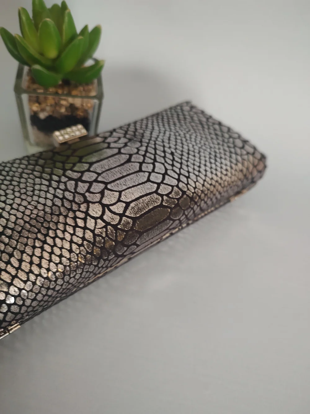 Metallic Snake-Print Evening Clutch with Chain Strap